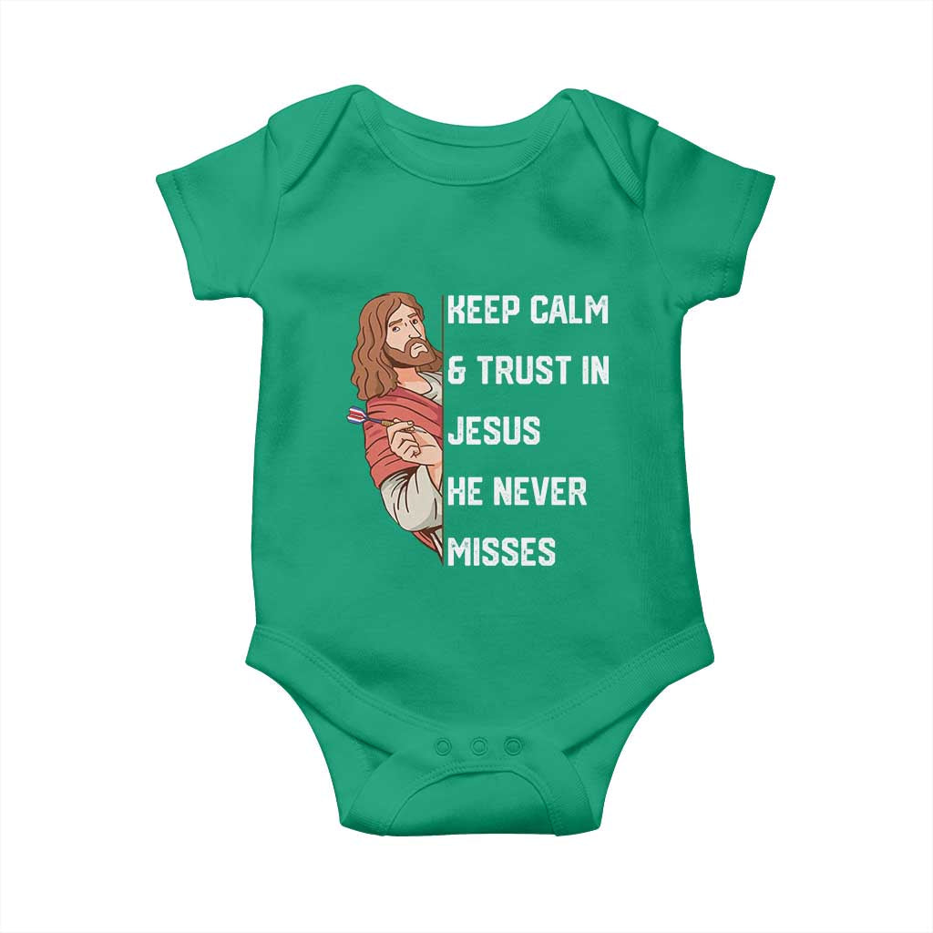 Funny Christian Faith Darts Player Gift Baby Onesie Keep Calm And Trust In Jesus He Never Misses TS12 Irish Green Print Your Wear