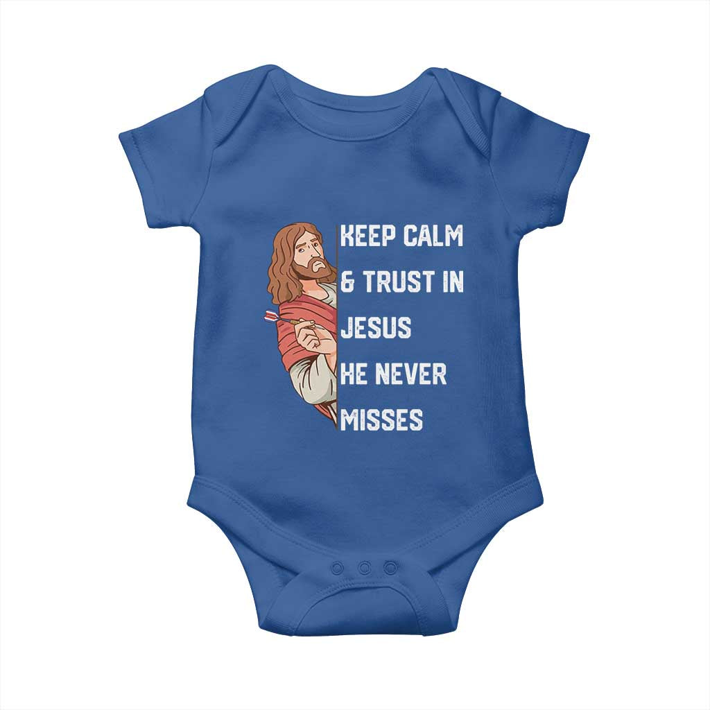 Funny Christian Faith Darts Player Gift Baby Onesie Keep Calm And Trust In Jesus He Never Misses TS12 Royal Blue Print Your Wear