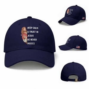 Funny Christian Faith Darts Player Gift Baseball Cap Keep Calm And Trust In Jesus He Never Misses TS12 Baseball Cap Universal Fit Dark Blue Print Your Wear