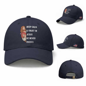 Funny Christian Faith Darts Player Gift Baseball Cap Keep Calm And Trust In Jesus He Never Misses TS12 Baseball Cap Universal Fit Navy Print Your Wear