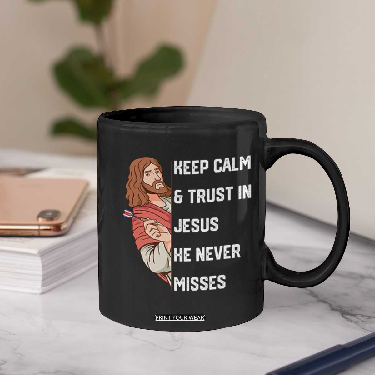 Funny Christian Faith Darts Player Gift Coffee Mug Keep Calm And Trust In Jesus He Never Misses TS12 Print Your Wear