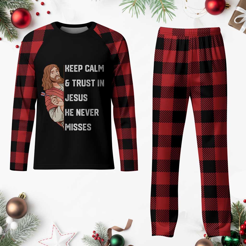 Funny Christian Faith Darts Player Gift Plaid Pajama Set Keep Calm And Trust In Jesus He Never Misses TS12 Buffalo Plaid Print Your Wear