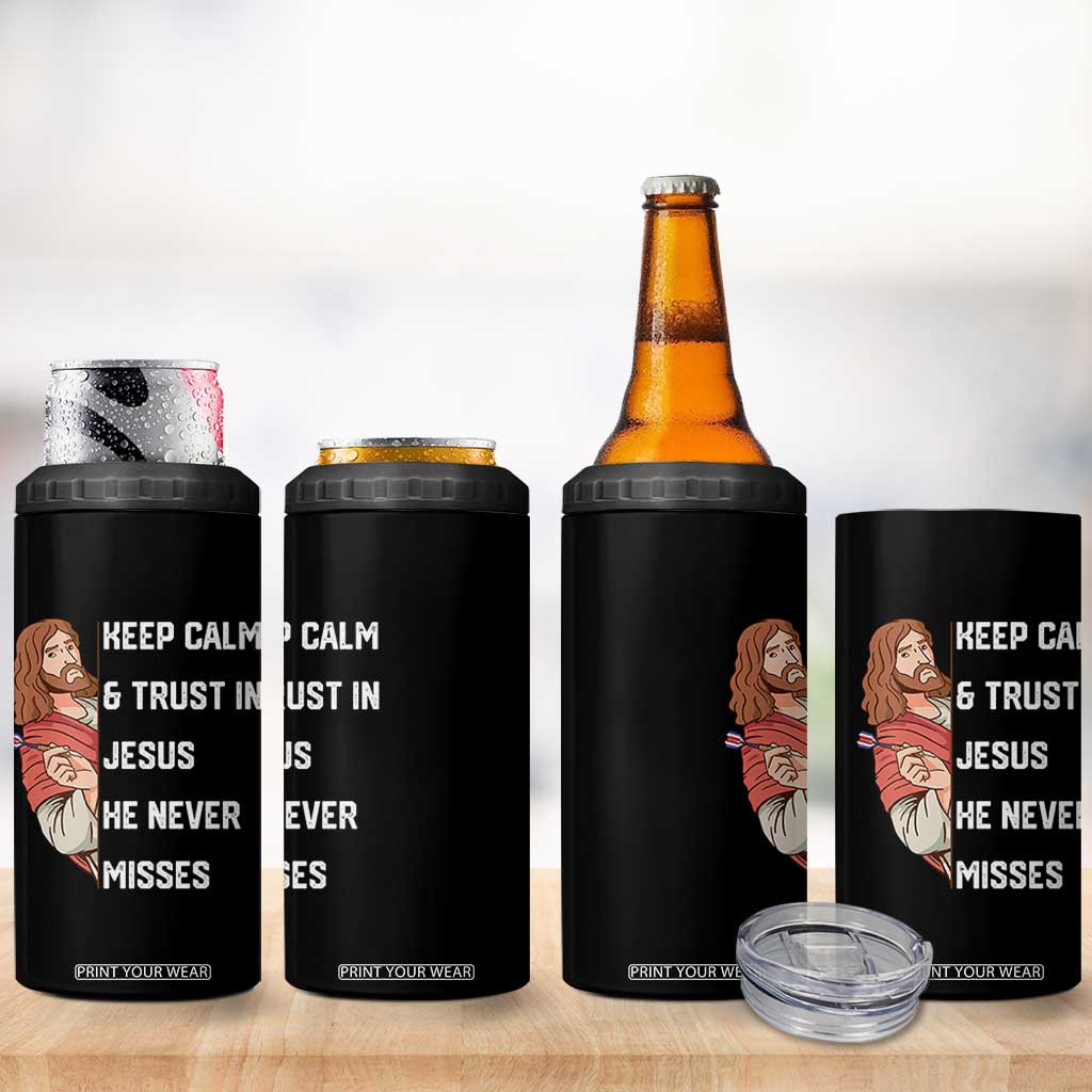 Funny Christian Faith Darts Player Gift 4 in 1 Can Cooler Tumbler Keep Calm And Trust In Jesus He Never Misses TS12 Print Your Wear