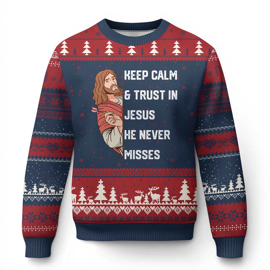 Funny Christian Faith Darts Player Gift Ugly Christmas Sweater Keep Calm And Trust In Jesus He Never Misses TS12 Navy Red Print Your Wear