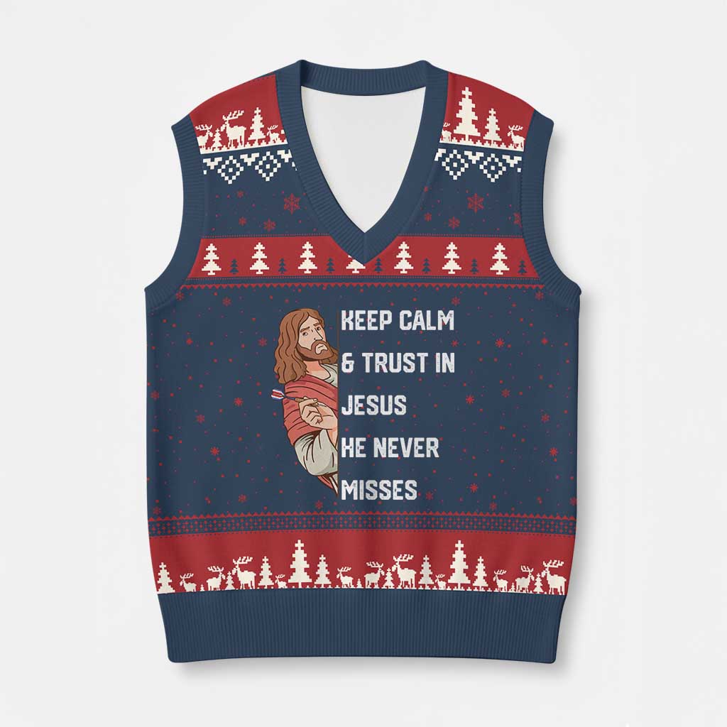 Funny Christian Faith Darts Player Gift V-Neck Knit Sweater Vest Keep Calm And Trust In Jesus He Never Misses TS12 Navy Red Print Your Wear