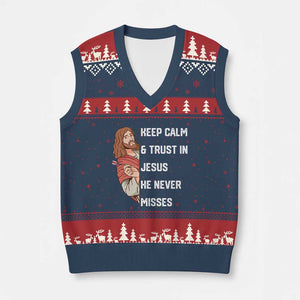 Funny Christian Faith Darts Player Gift V-Neck Knit Sweater Vest Keep Calm And Trust In Jesus He Never Misses TS12 Navy Red Print Your Wear
