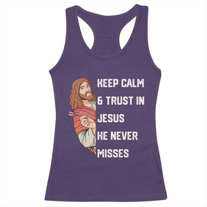 Funny Christian Faith Darts Player Gift Racerback Tank Top Keep Calm And Trust In Jesus He Never Misses TS12 Purple Print Your Wear