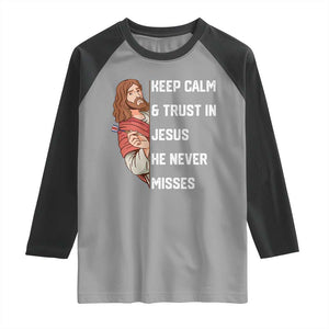 Funny Christian Faith Darts Player Gift Raglan Shirt Keep Calm And Trust In Jesus He Never Misses TS12 Sport Gray Black Print Your Wear
