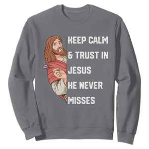 Funny Christian Faith Darts Player Gift Sweatshirt Keep Calm And Trust In Jesus He Never Misses TS12 Charcoal Print Your Wear