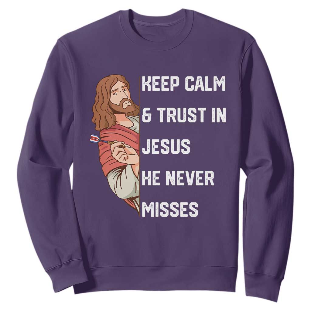 Funny Christian Faith Darts Player Gift Sweatshirt Keep Calm And Trust In Jesus He Never Misses TS12 Purple Print Your Wear