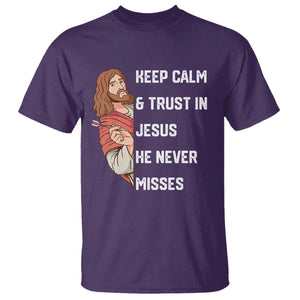 Funny Christian Faith Darts Player Gift T Shirt Keep Calm And Trust In Jesus He Never Misses TS12 Purple Print Your Wear