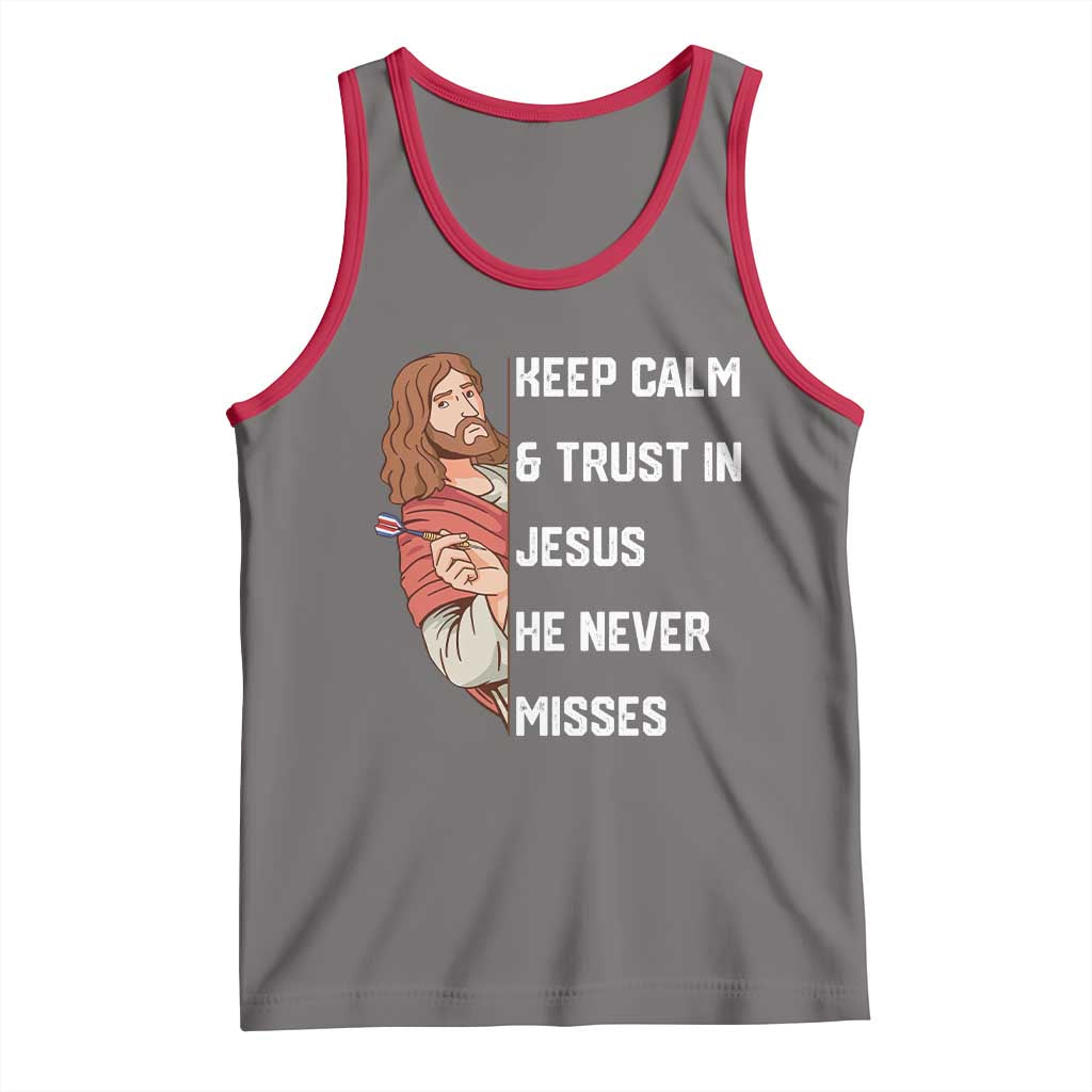 Funny Christian Faith Darts Player Gift Tank Top Keep Calm And Trust In Jesus He Never Misses TS12 Deep Heather Red Print Your Wear