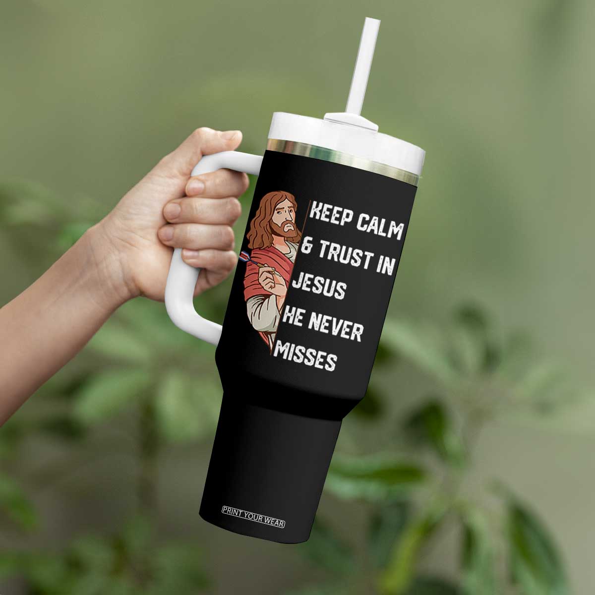 Funny Christian Faith Darts Player Gift Tumbler With Handle Keep Calm And Trust In Jesus He Never Misses TS12 Print Your Wear