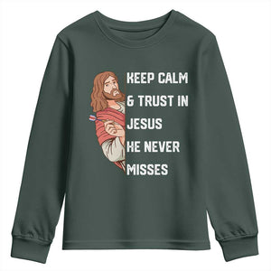 Funny Christian Faith Darts Player Gift Youth Sweatshirt Keep Calm And Trust In Jesus He Never Misses TS12 Dark Forest Green Print Your Wear