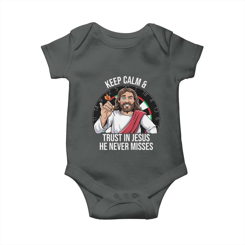 Keep Calm And Trust In Jesus Baby Onesie Christian Dartist Gift TS12 Dark Heather Print Your Wear
