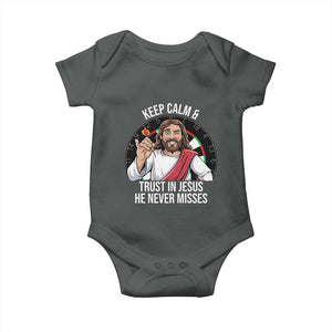 Keep Calm And Trust In Jesus Baby Onesie Christian Dartist Gift TS12 Dark Heather Print Your Wear