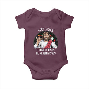 Keep Calm And Trust In Jesus Baby Onesie Christian Dartist Gift TS12 Maroon Print Your Wear