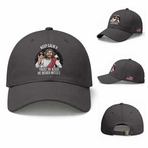 Keep Calm And Trust In Jesus Baseball Cap Christian Dartist Gift TS12 Baseball Cap Universal Fit Dark Gray Print Your Wear