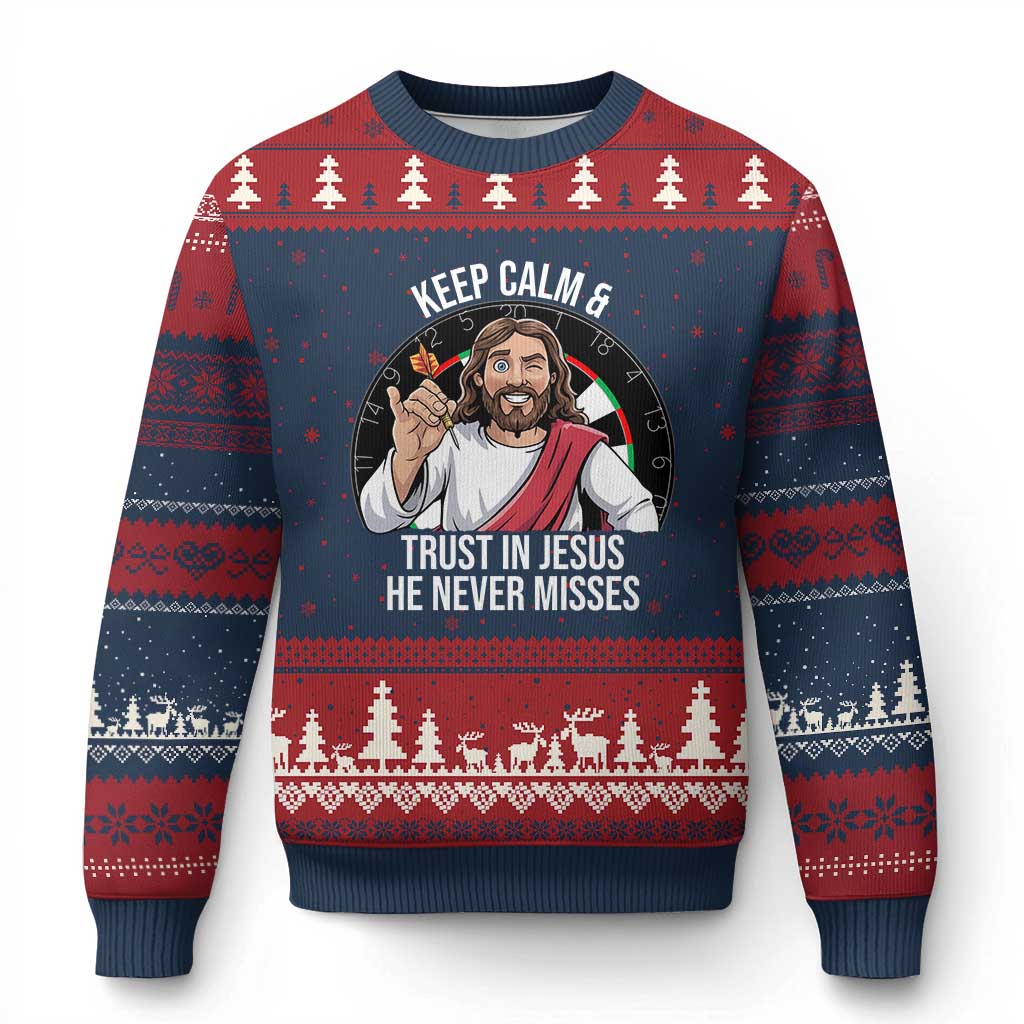 Keep Calm And Trust In Jesus Ugly Christmas Sweater Christian Dartist Gift TS12 Navy Red Print Your Wear
