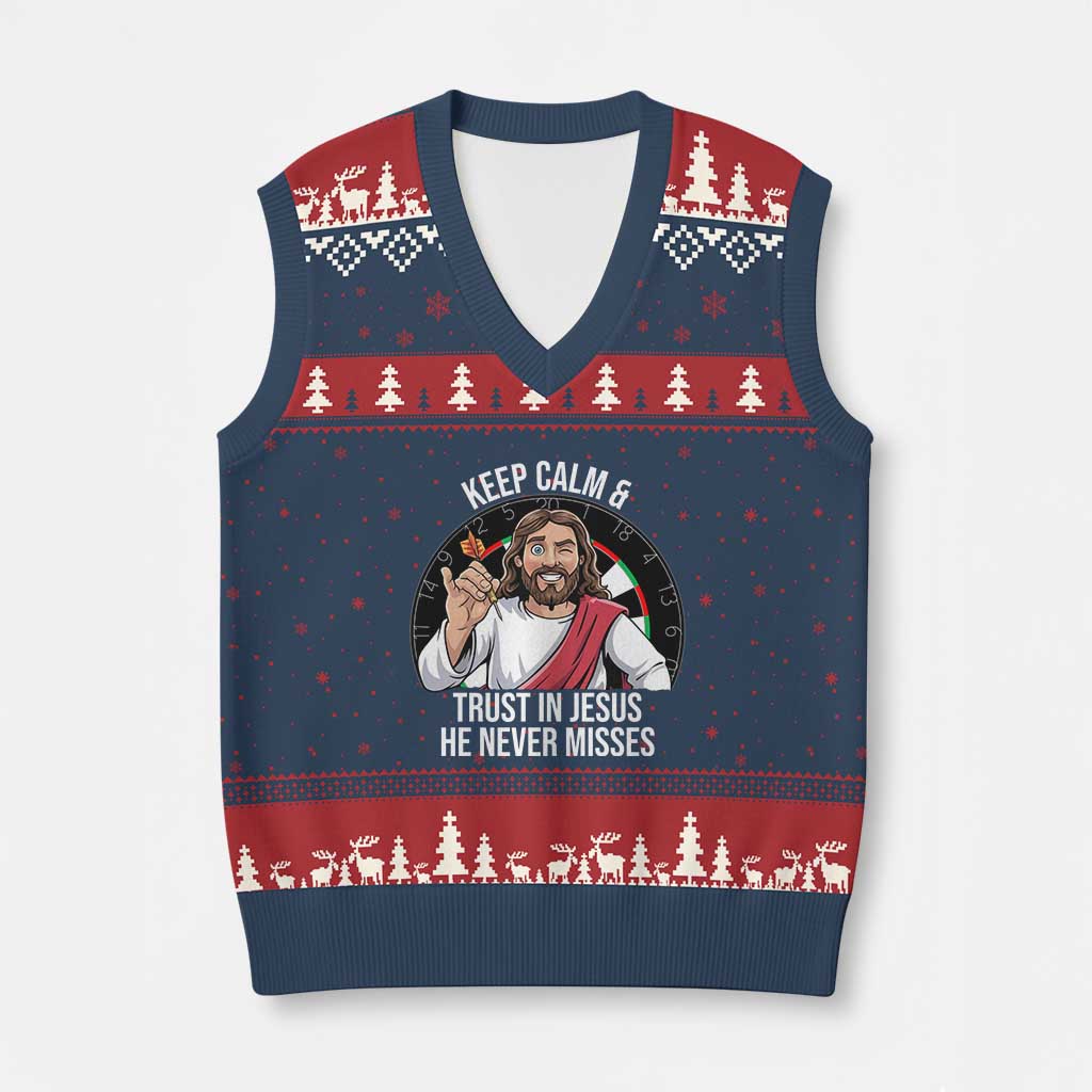 Keep Calm And Trust In Jesus V-Neck Knit Sweater Vest Christian Dartist Gift TS12 Navy Red Print Your Wear