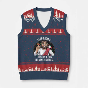 Keep Calm And Trust In Jesus V-Neck Knit Sweater Vest Christian Dartist Gift TS12 Navy Red Print Your Wear