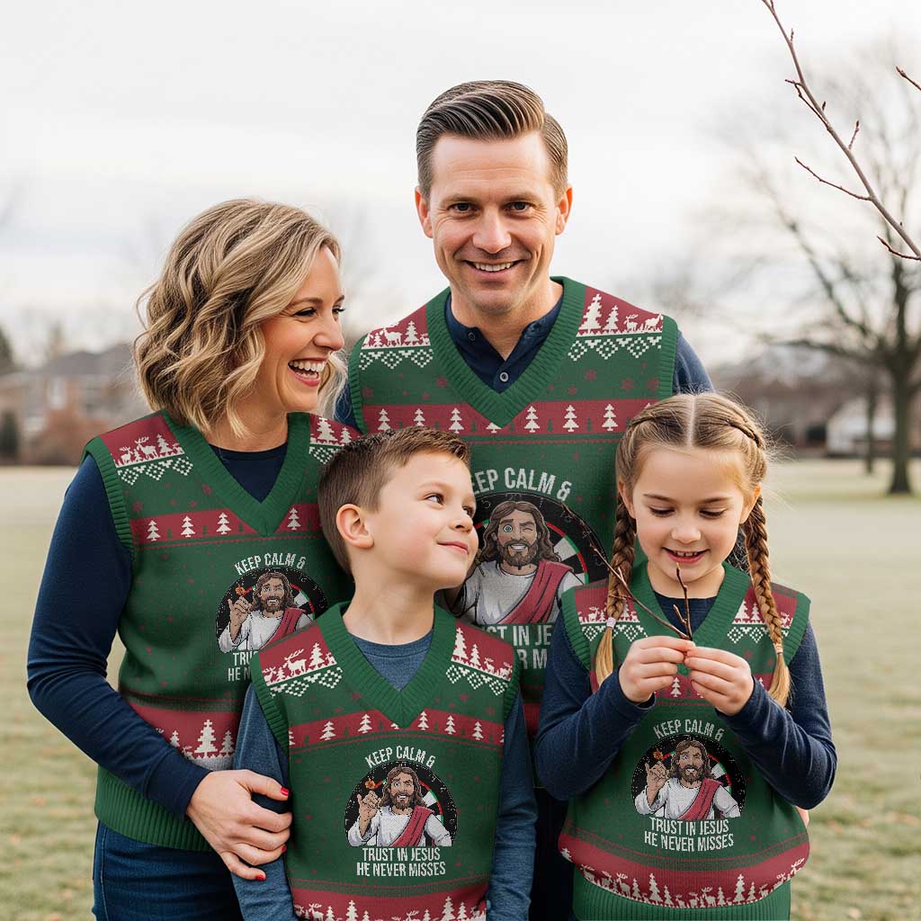 Keep Calm And Trust In Jesus V-Neck Knit Sweater Vest Christian Dartist Gift TS12 Red Green Print Your Wear