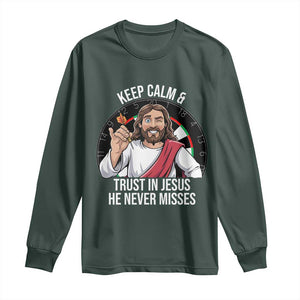 Keep Calm And Trust In Jesus Long Sleeve Shirt Christian Dartist Gift TS12 Dark Forest Green Print Your Wear