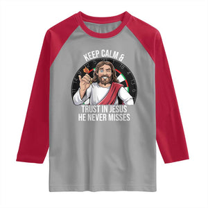 Keep Calm And Trust In Jesus Raglan Shirt Christian Dartist Gift TS12 Sport Gray Red Print Your Wear