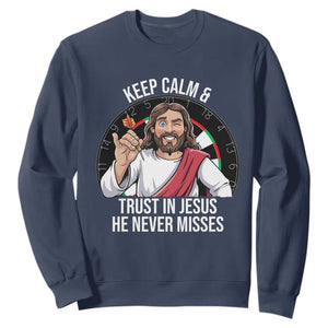 Keep Calm And Trust In Jesus Sweatshirt Christian Dartist Gift TS12 Navy Print Your Wear