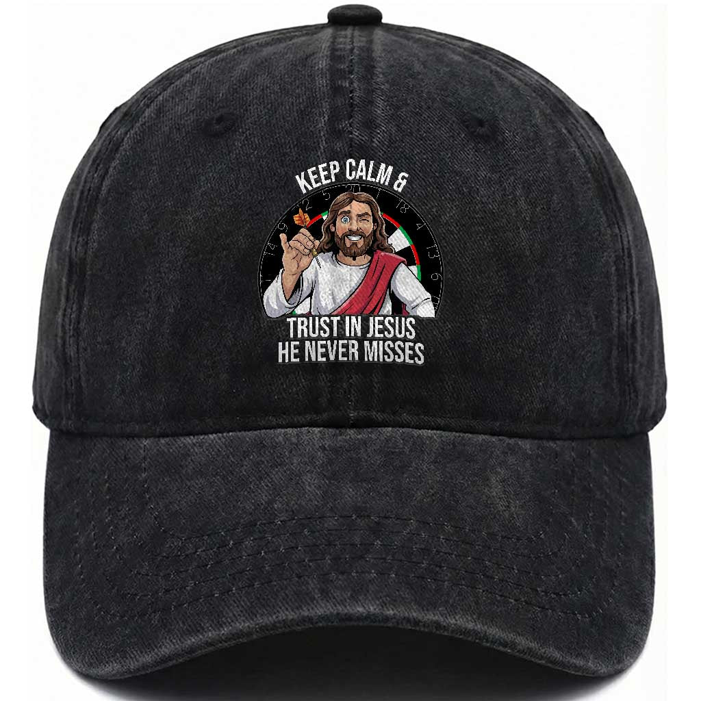 Keep Calm And Trust In Jesus Washed Cotton Baseball Cap Christian Dartist Gift TS12 Print Your Wear