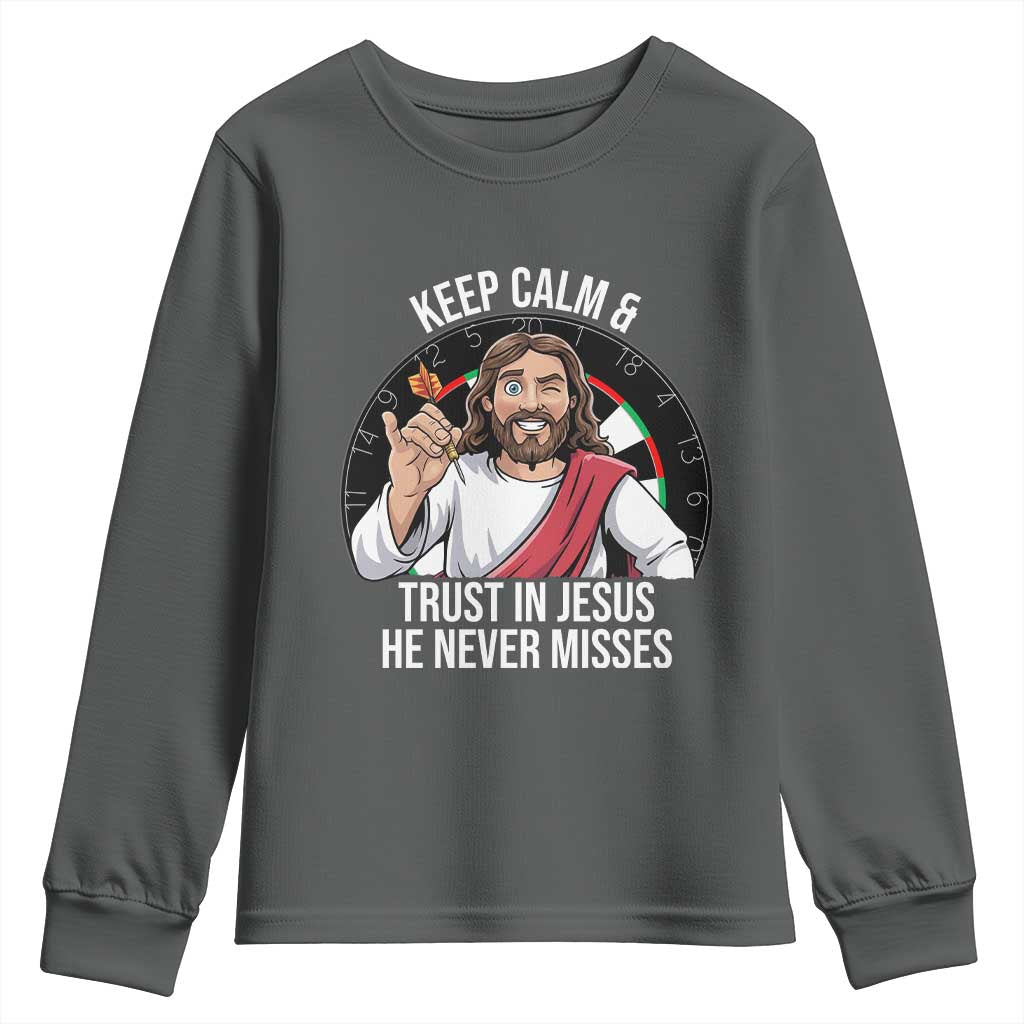 Keep Calm And Trust In Jesus Youth Sweatshirt Christian Dartist Gift TS12 Dark Heather Print Your Wear