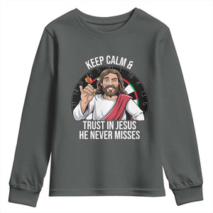 Keep Calm And Trust In Jesus Youth Sweatshirt Christian Dartist Gift TS12 Dark Heather Print Your Wear