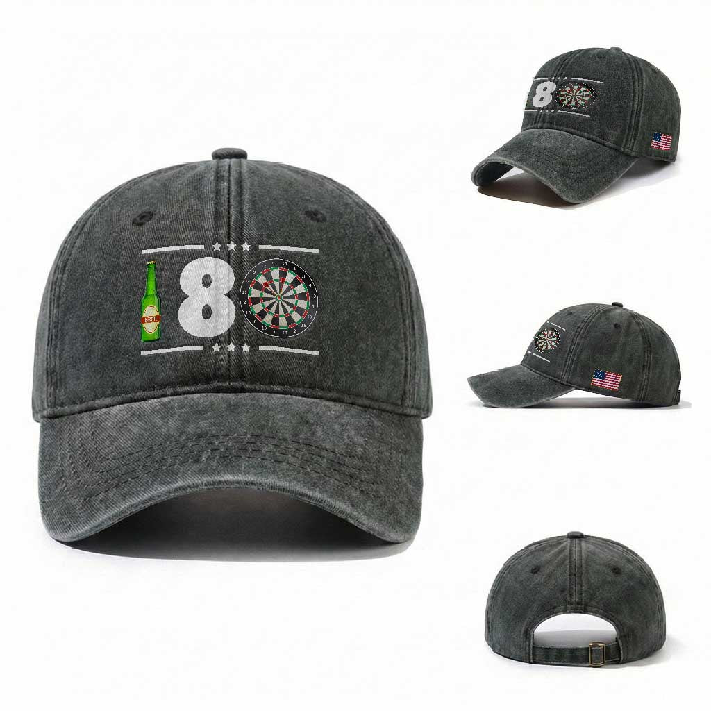 Darts Master 180 And Beer Washed Cotton Baseball Cap Funny Bullseye Shooter Gift TS12 Washed Cap Universal Fit Dark Green Print Your Wear