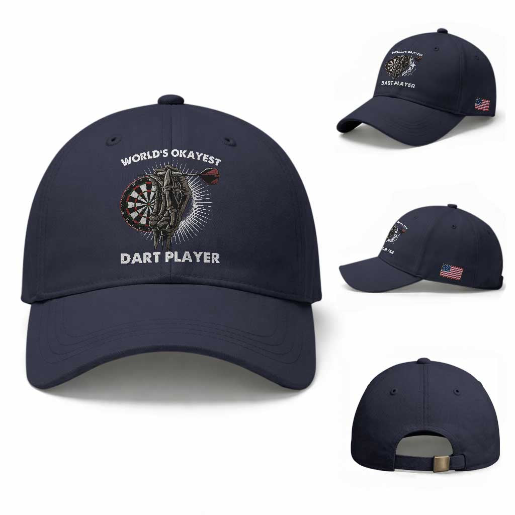 World's Okayest Dart Player Baseball Cap Funny Bullseye Shooter Gift TS12 Baseball Cap Universal Fit Navy Print Your Wear