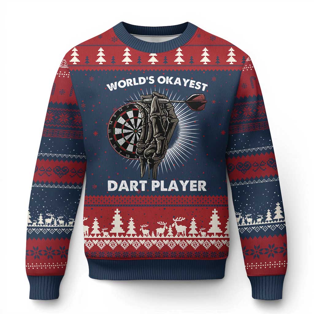 World's Okayest Dart Player Ugly Christmas Sweater Funny Bullseye Shooter Gift TS12 Navy Red Print Your Wear