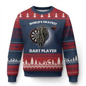 World's Okayest Dart Player Ugly Christmas Sweater Funny Bullseye Shooter Gift TS12 Navy Red Print Your Wear