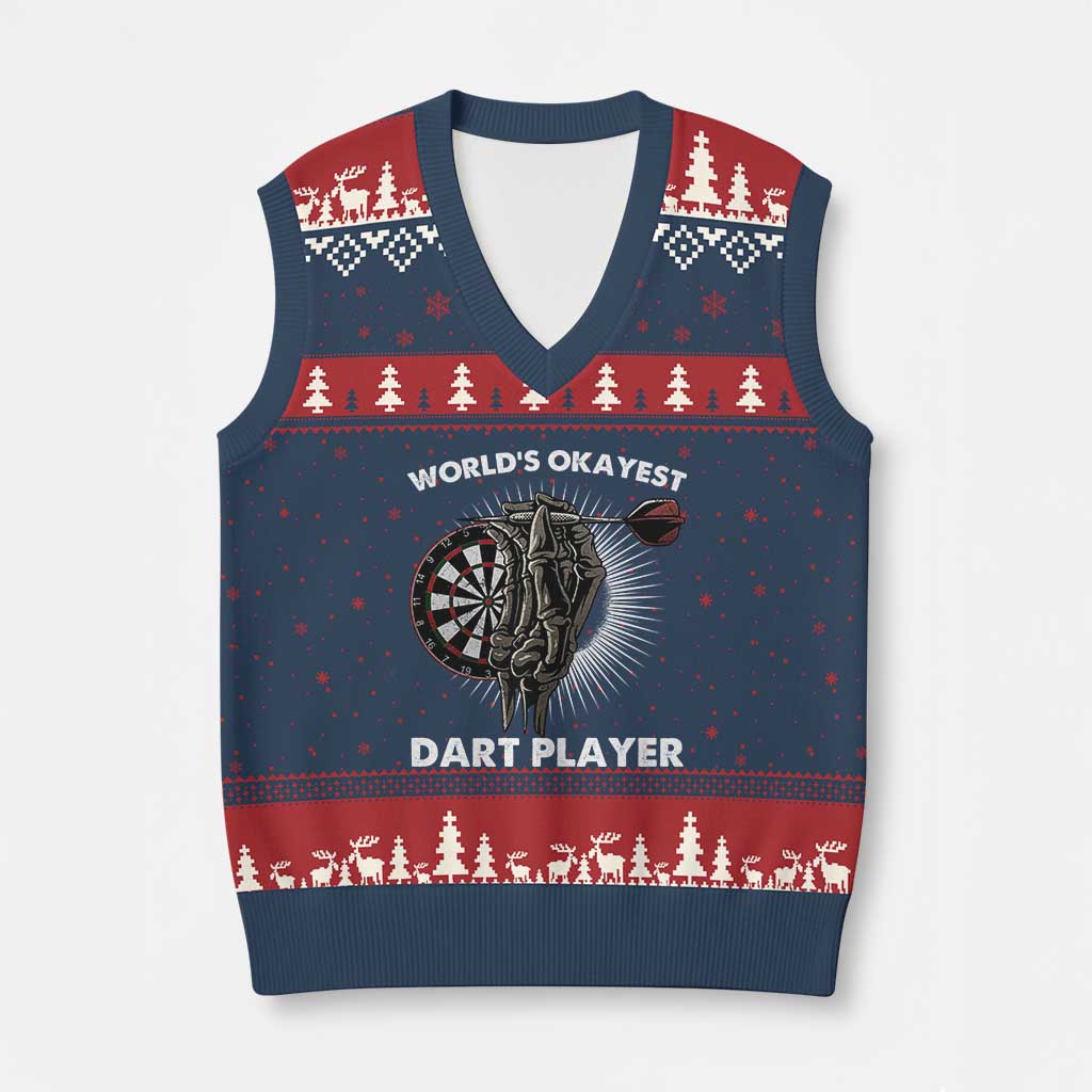 World's Okayest Dart Player V-Neck Knit Sweater Vest Funny Bullseye Shooter Gift TS12 Navy Red Print Your Wear