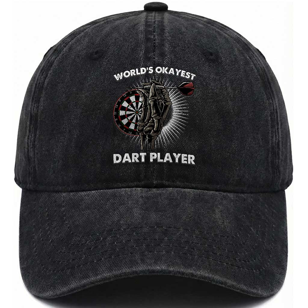 World's Okayest Dart Player Washed Cotton Baseball Cap Funny Bullseye Shooter Gift TS12 Print Your Wear