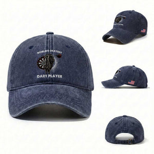 World's Okayest Dart Player Washed Cotton Baseball Cap Funny Bullseye Shooter Gift TS12 Washed Cap Universal Fit Navy Print Your Wear