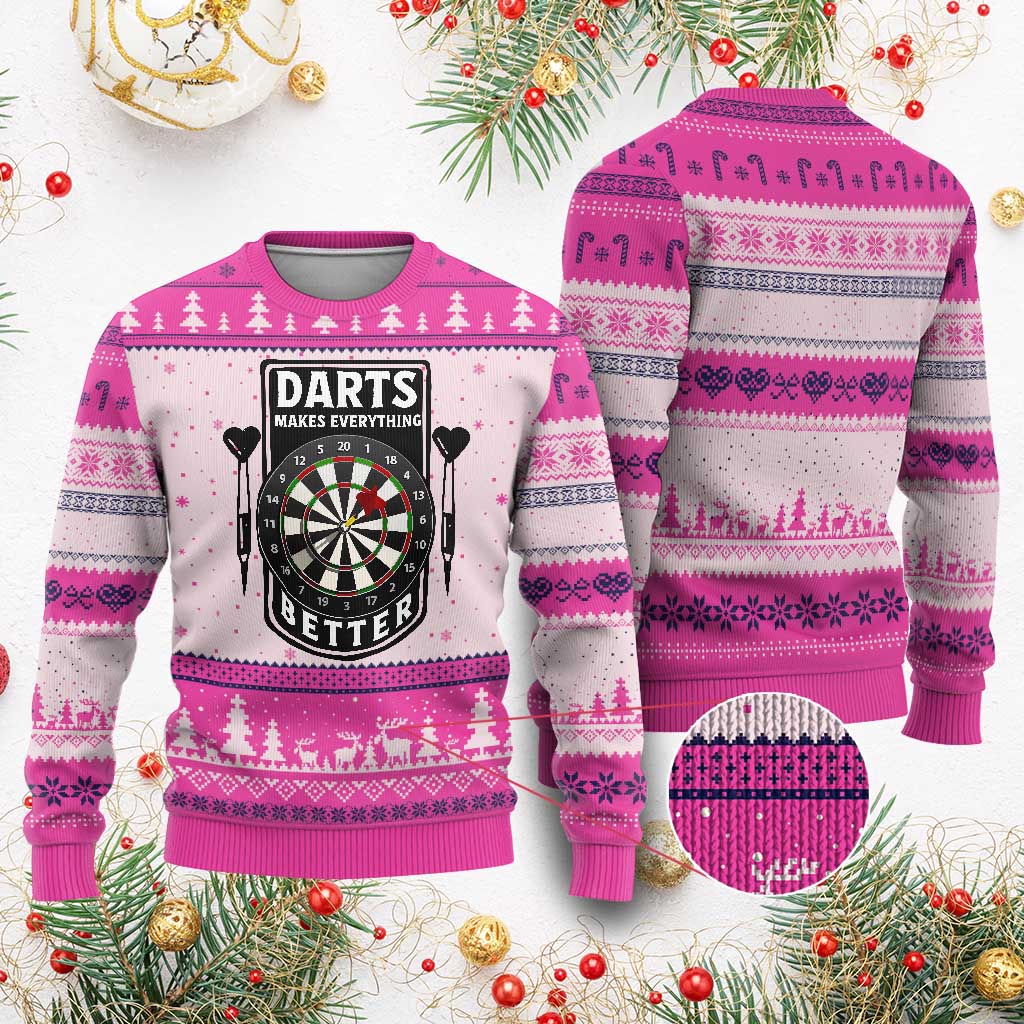 Darts Makes Everything Better Ugly Christmas Sweater Darts Lover Gift TS12 Hot Pink Print Your Wear