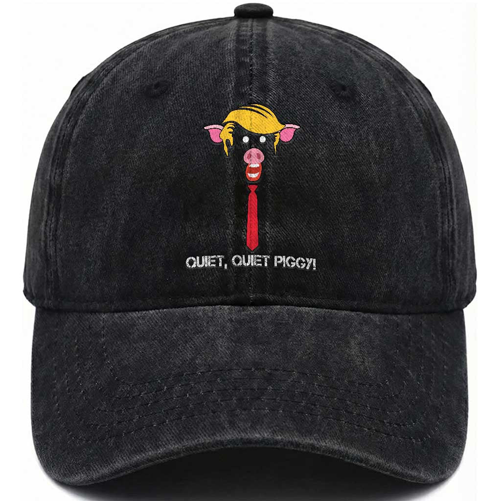 Quiet Quiet Piggy Meme Washed Cotton Baseball Cap Anti Authoritarian Political Gag Gift TS12 Print Your Wear