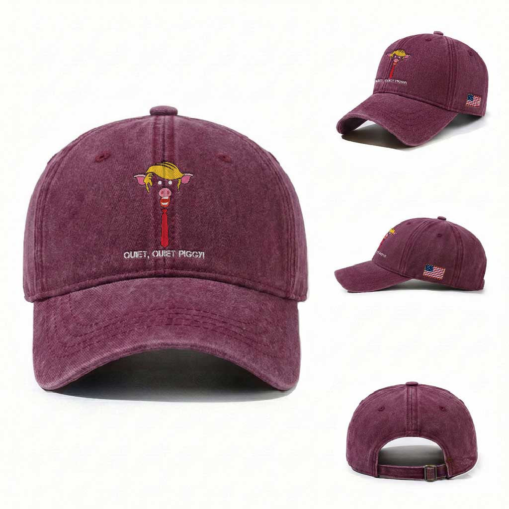 Quiet Quiet Piggy Meme Washed Cotton Baseball Cap Anti Authoritarian Political Gag Gift TS12 Washed Cap Universal Fit Burgundy Print Your Wear