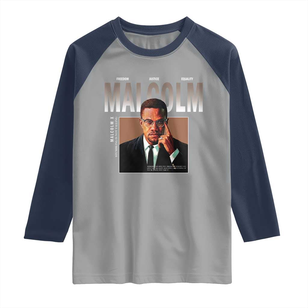 Black History Hero Malcolm X Raglan Shirt Stumbling Is Not Falling TS12 Sport Gray Navy Print Your Wear