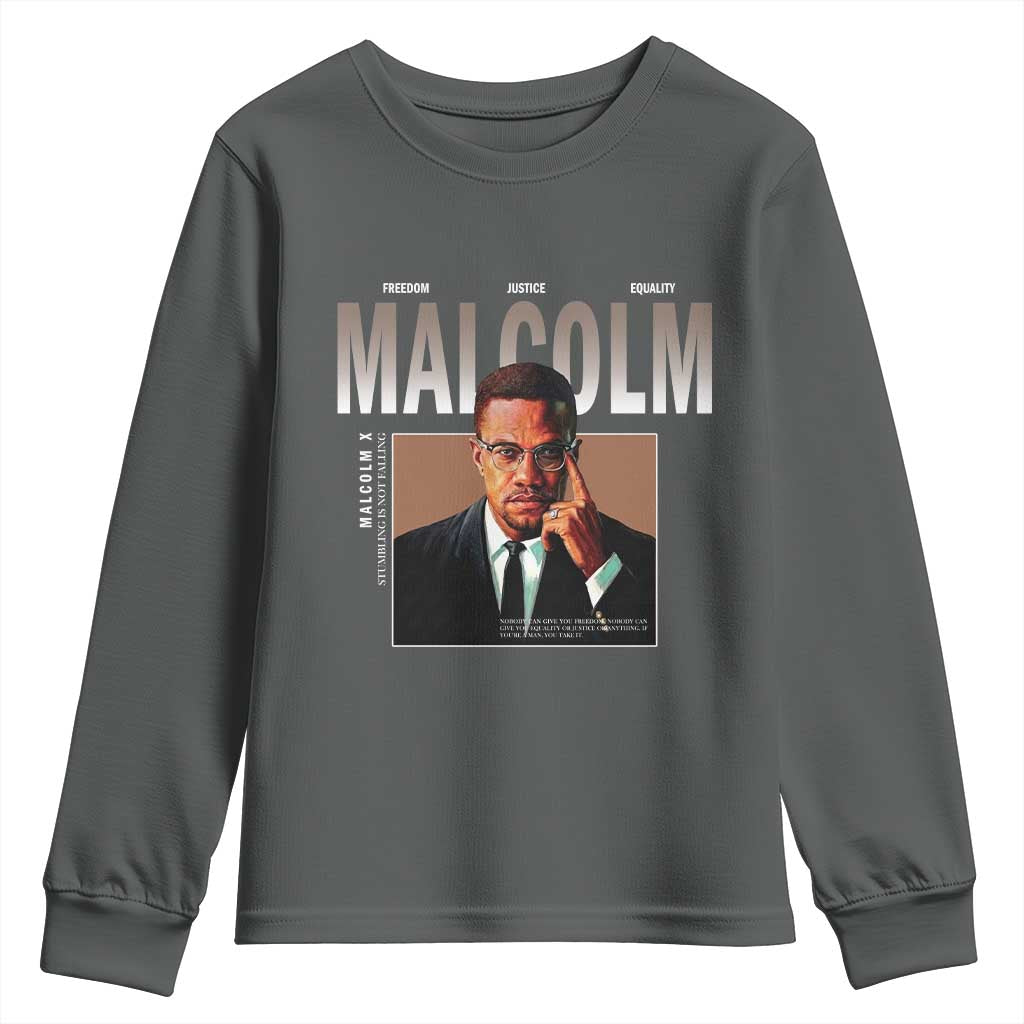 Black History Hero Malcolm X Youth Sweatshirt Stumbling Is Not Falling TS12 Dark Heather Print Your Wear