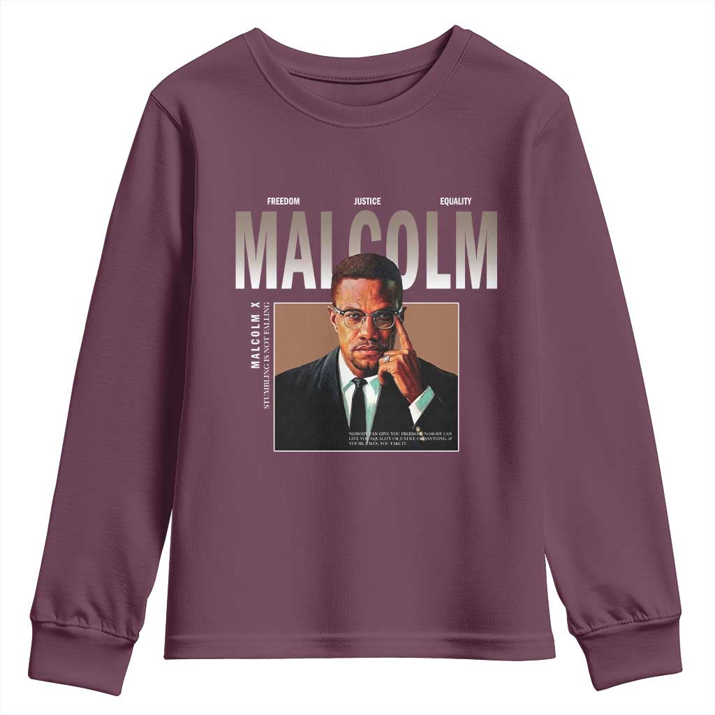 Black History Hero Malcolm X Youth Sweatshirt Stumbling Is Not Falling TS12 Maroon Print Your Wear