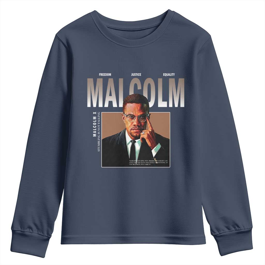 Black History Hero Malcolm X Youth Sweatshirt Stumbling Is Not Falling TS12 Navy Print Your Wear
