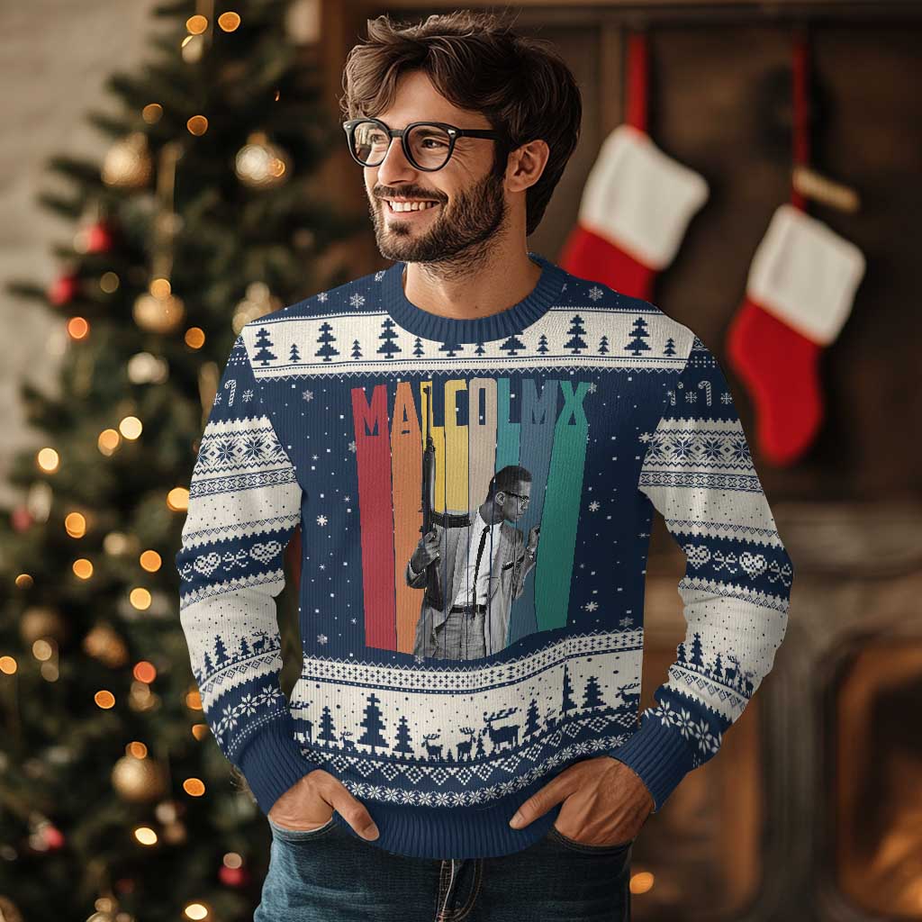 Malcolm X Ugly Christmas Sweater Retro Portrait Black Empowerment Heritage Gift TS12 Navy Beige Print Your Wear
