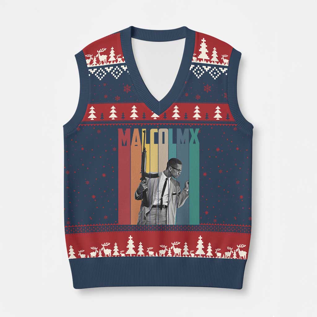 Malcolm X V-Neck Knit Sweater Vest Retro Portrait Black Empowerment Heritage Gift TS12 Navy Red Print Your Wear