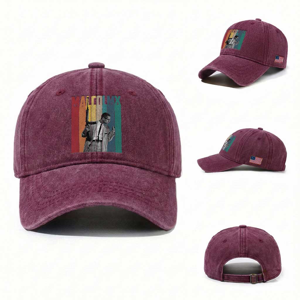 Malcolm X Washed Cotton Baseball Cap Retro Portrait Black Empowerment Heritage Gift TS12 Washed Cap Universal Fit Burgundy Print Your Wear