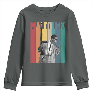 Malcolm X Youth Sweatshirt Retro Portrait Black Empowerment Heritage Gift TS12 Dark Heather Print Your Wear